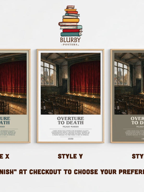 Overture to Death bookish print in frame leaning in hallway – mystery wall art