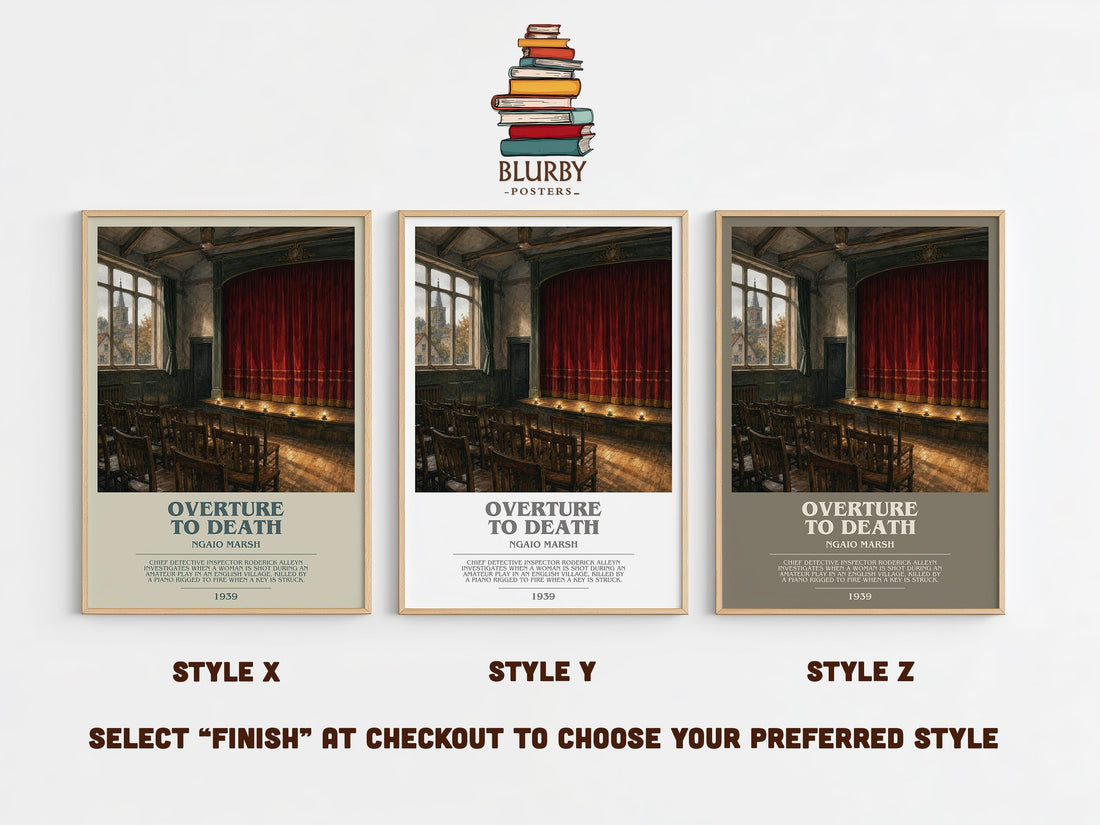 Overture to Death bookish print in frame leaning in hallway – mystery wall art (mockup)