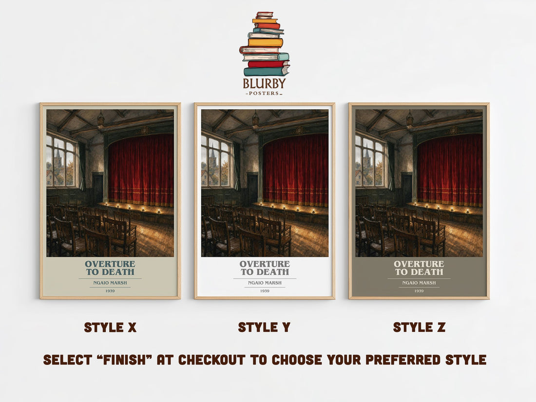 Overture to Death book cover print in frame leaning in hallway – mystery wall art (mockup)