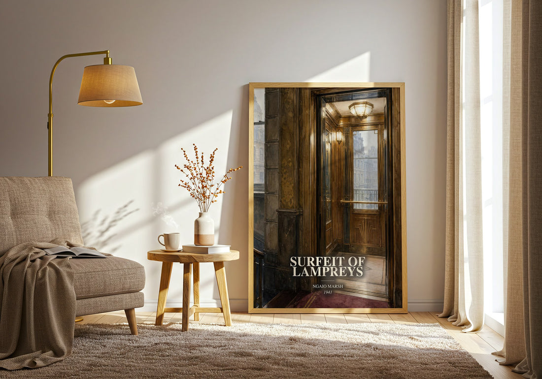 Surfeit of Lampreys watercolour print in frame leaning in hallway – mystery wall art (mockup)