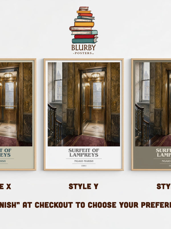 Surfeit of Lampreys book cover print in frame leaning in hallway – mystery wall art