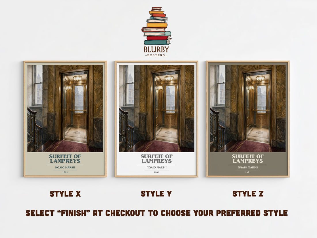 Surfeit of Lampreys book cover print in frame leaning in hallway – mystery wall art (mockup)