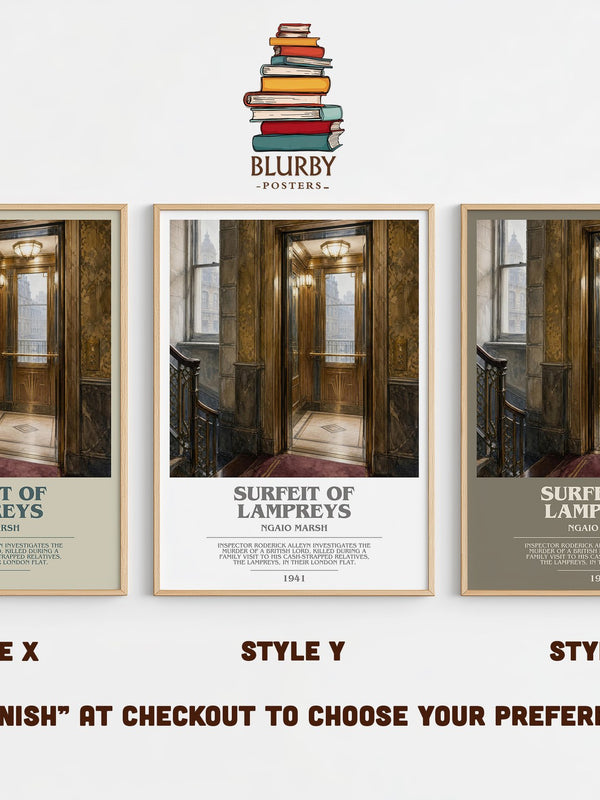 Surfeit of Lampreys bookish print in frame leaning in hallway – mystery wall art