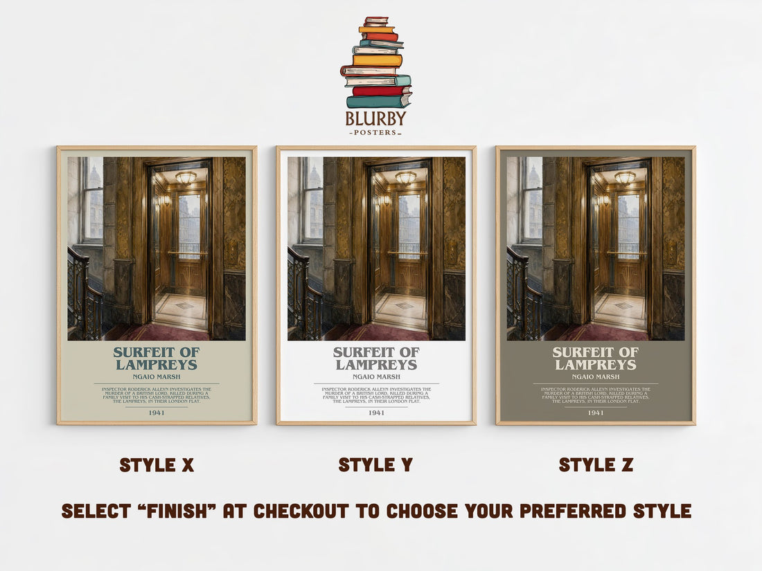 Surfeit of Lampreys bookish print in frame leaning in hallway – mystery wall art (mockup)