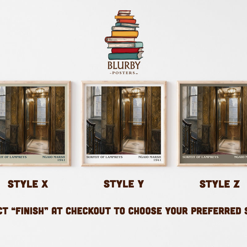 Surfeit of Lampreys literary print in frame leaning in hallway – mystery wall art