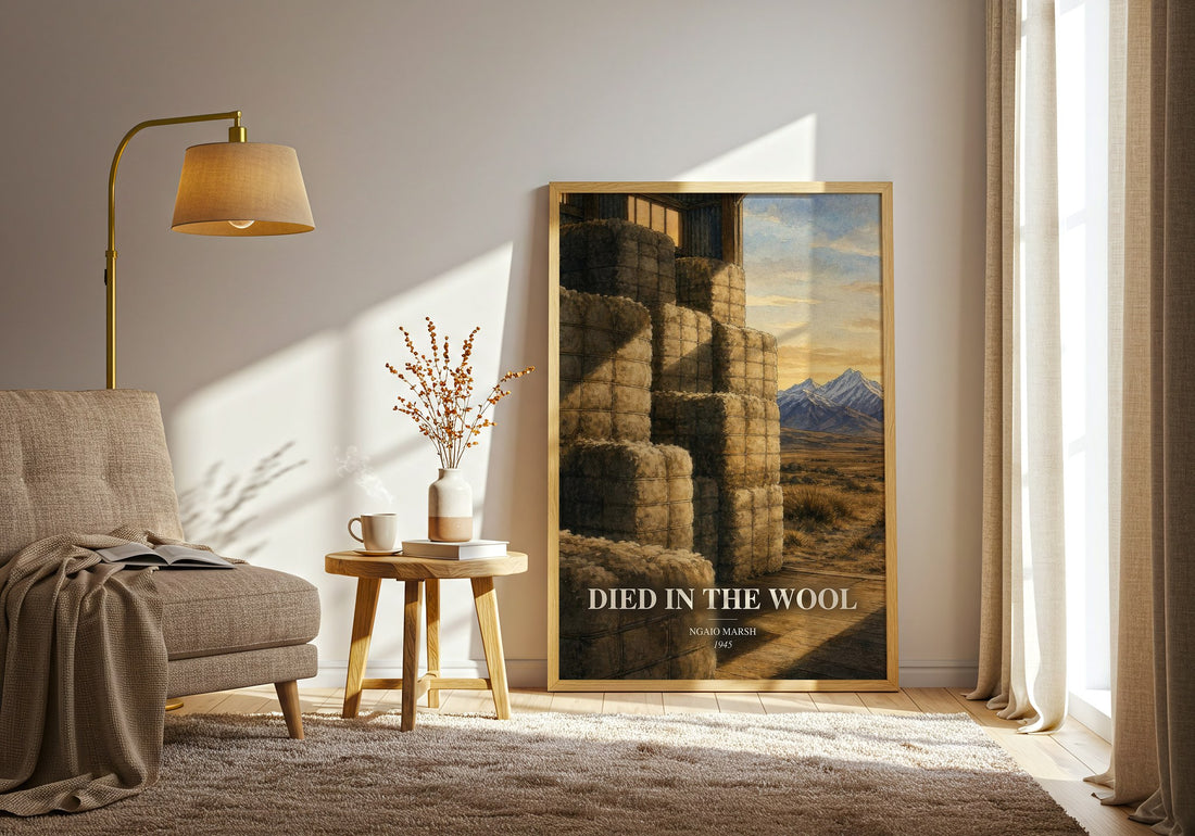 Died in the Wool watercolour print in frame leaning in hallway – mystery wall art (mockup)