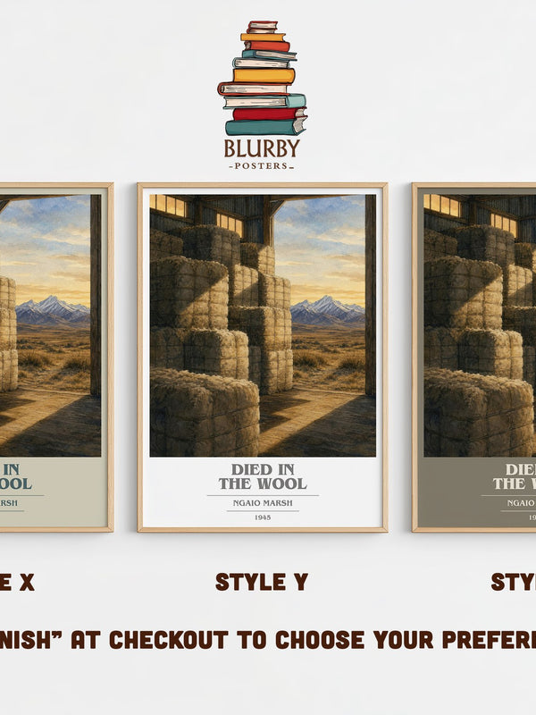Died in the Wool book cover print in frame leaning in hallway – mystery wall art