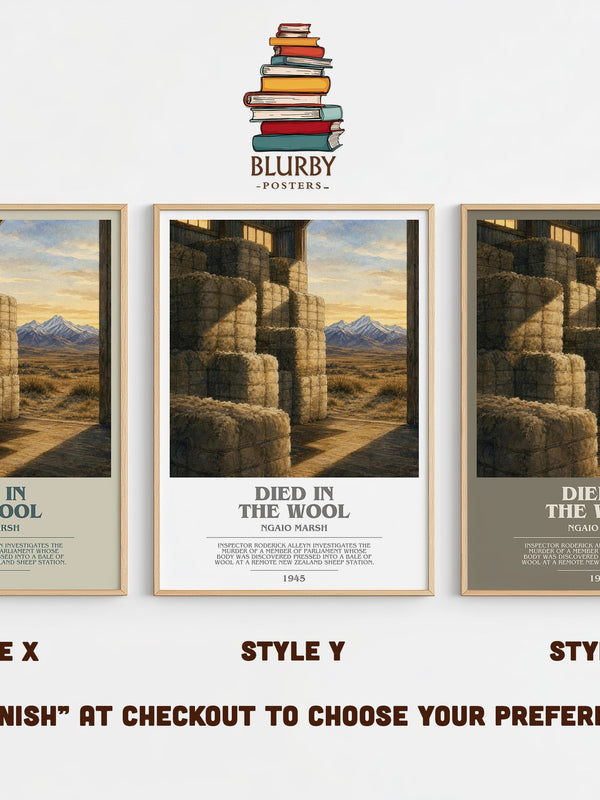 Died in the Wool bookish print in frame leaning in hallway – mystery wall art