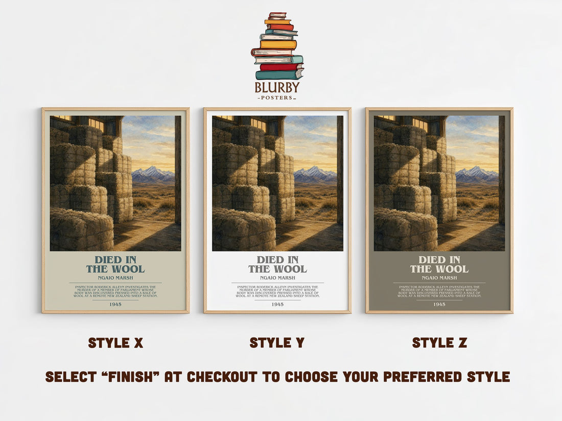 Died in the Wool bookish print in frame leaning in hallway – mystery wall art (mockup)