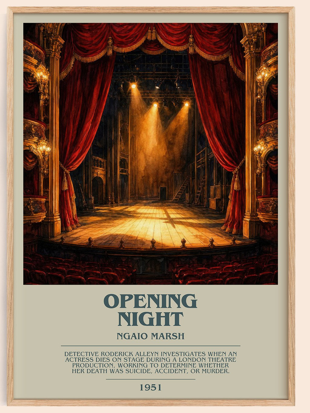 Opening Night bookish book poster by Ngaio Marsh – framed literary art print