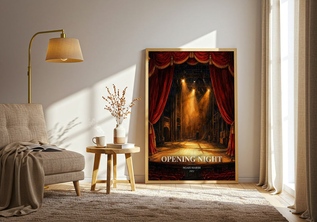 Opening Night watercolour print in frame leaning in hallway – mystery wall art (mockup)