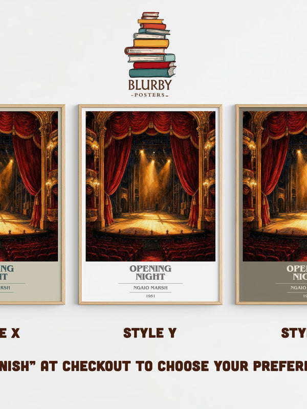 Opening Night book cover print in frame leaning in hallway – mystery wall art