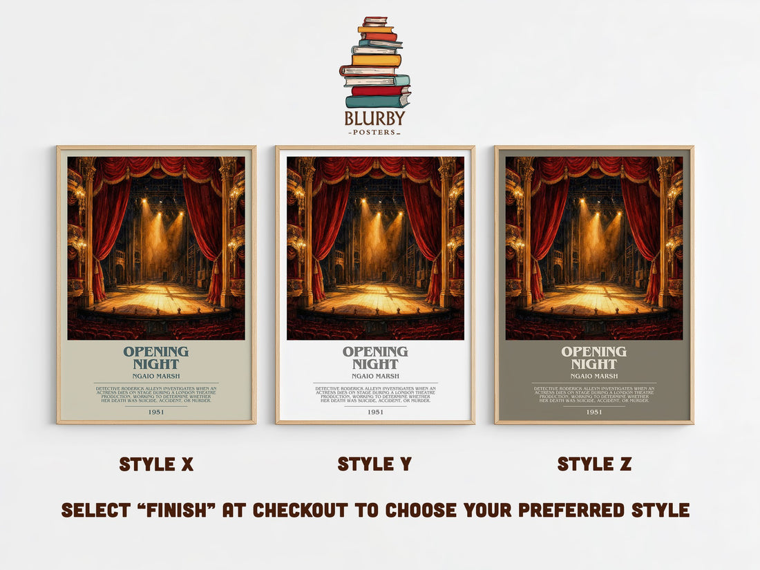 Opening Night bookish print in frame leaning in hallway – mystery wall art (mockup)