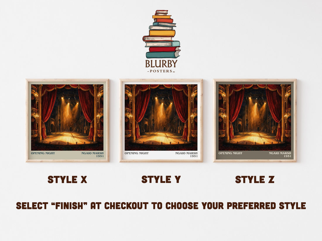 Opening Night literary print in frame leaning in hallway – mystery wall art (mockup)