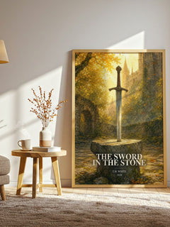 The Sword in the Stone watercolour print in frame leaning in hallway – fantasy wall art
