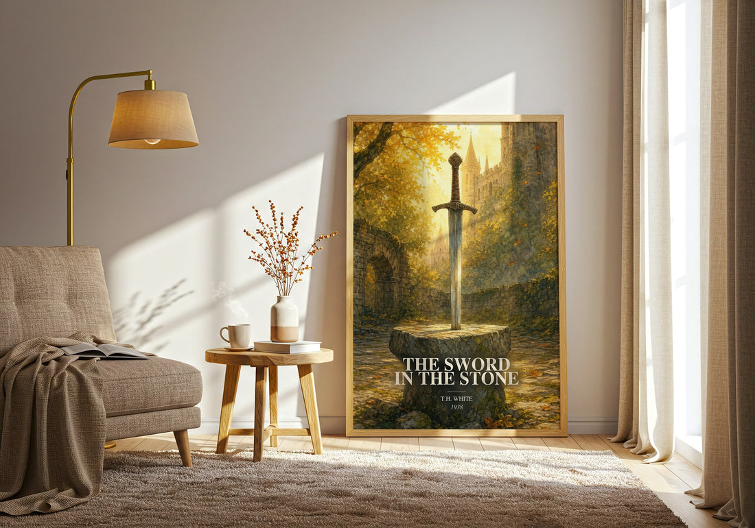 The Sword in the Stone watercolour print in frame leaning in hallway – fantasy wall art (mockup)