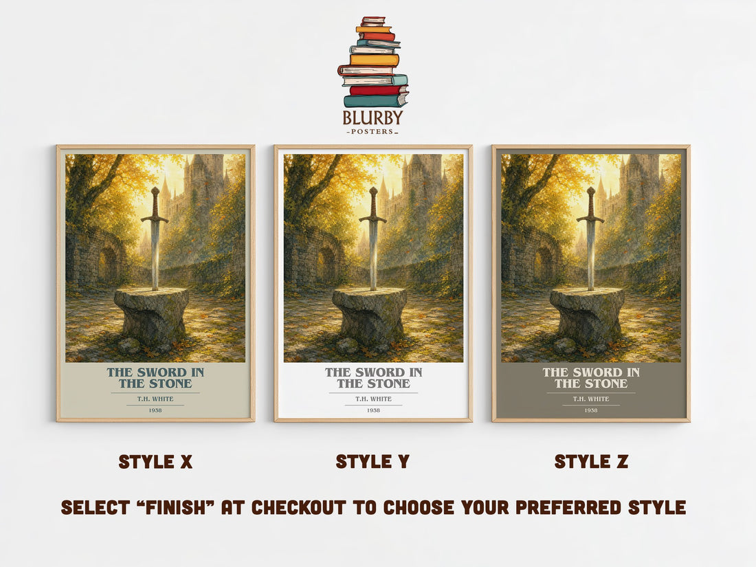 The Sword in the Stone book cover print in frame leaning in hallway – fantasy wall art (mockup)