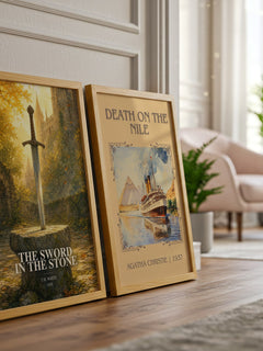 The Sword in the Stone watercolour print framed by window – literary home decor