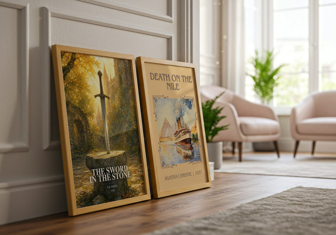 The Sword in the Stone watercolour print framed by window – literary home decor