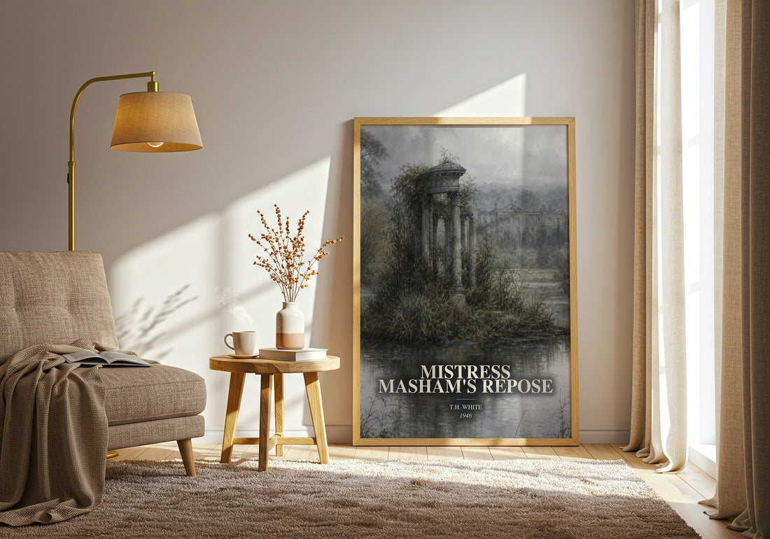 Mistress Masham's Repose watercolour print in frame leaning in hallway – childrens wall art (mockup)