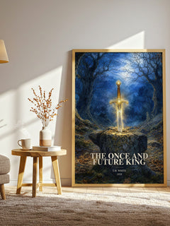 The Once and Future King watercolour print in frame leaning in hallway – fantasy wall art