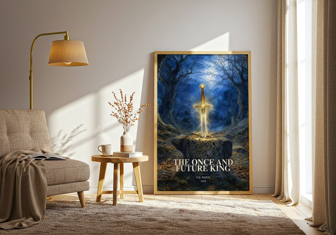 The Once and Future King watercolour print in frame leaning in hallway – fantasy wall art (mockup)