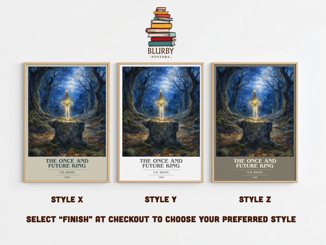 The Once and Future King book cover print in frame leaning in hallway – fantasy wall art (mockup)