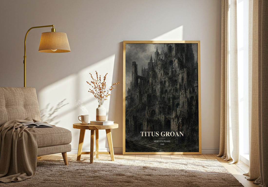 Titus Groan watercolour print in frame leaning in hallway – gothic wall art (mockup)