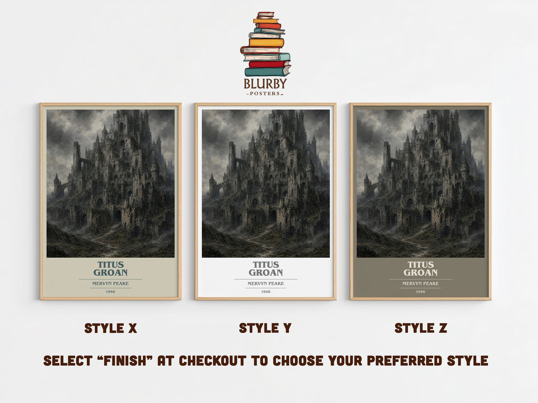 Titus Groan book cover print in frame leaning in hallway – gothic wall art (mockup)