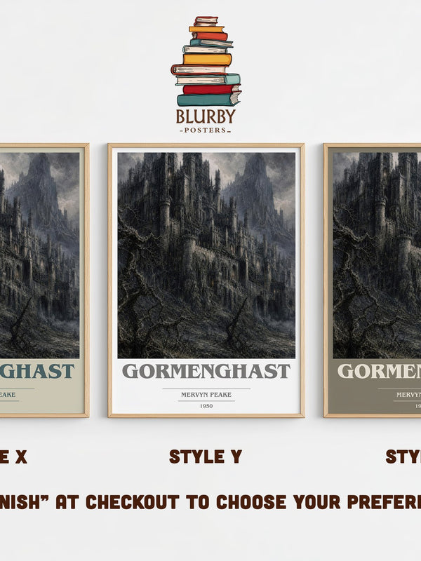 Gormenghast book cover print in frame leaning in hallway – gothic wall art