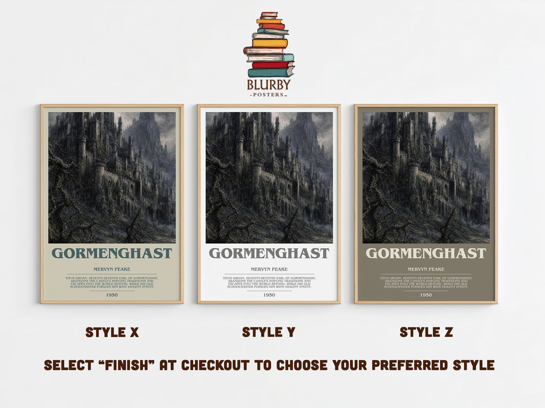 Gormenghast bookish print in frame leaning in hallway – gothic wall art (mockup)