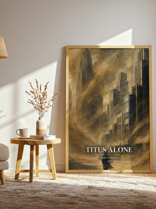 Titus Alone watercolour print in frame leaning in hallway – fantasy wall art