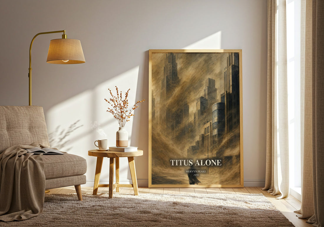Titus Alone watercolour print in frame leaning in hallway – fantasy wall art (mockup)