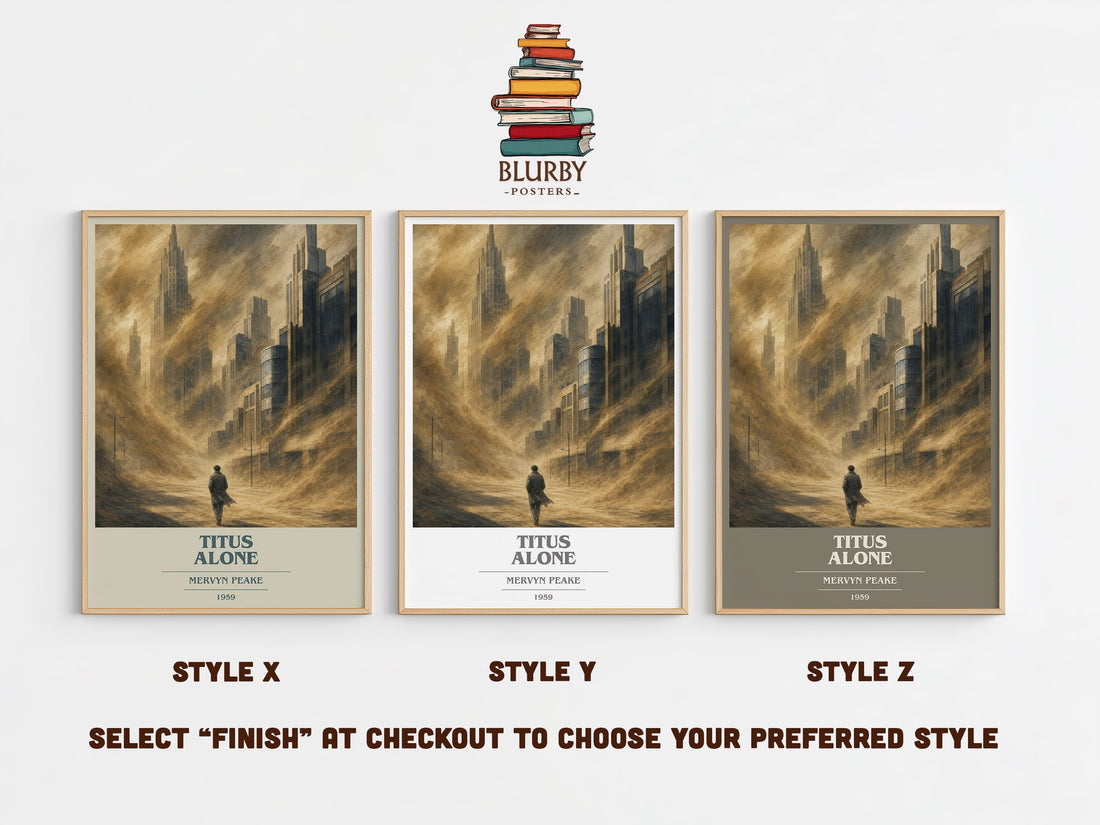 Titus Alone book cover print in frame leaning in hallway – fantasy wall art (mockup)