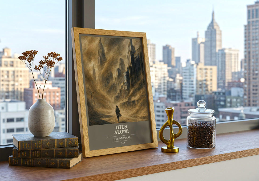 Titus Alone book cover print framed by window – literary home decor