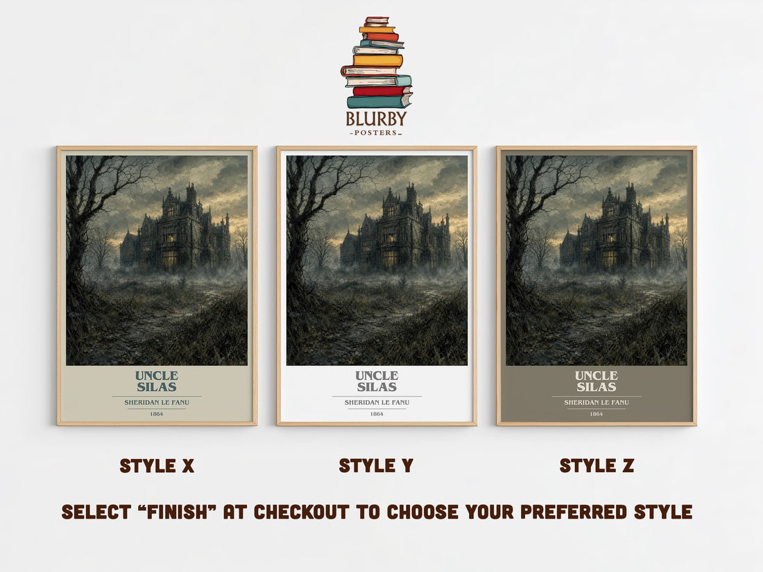 Uncle Silas book cover print in frame leaning in hallway – gothic wall art (mockup)