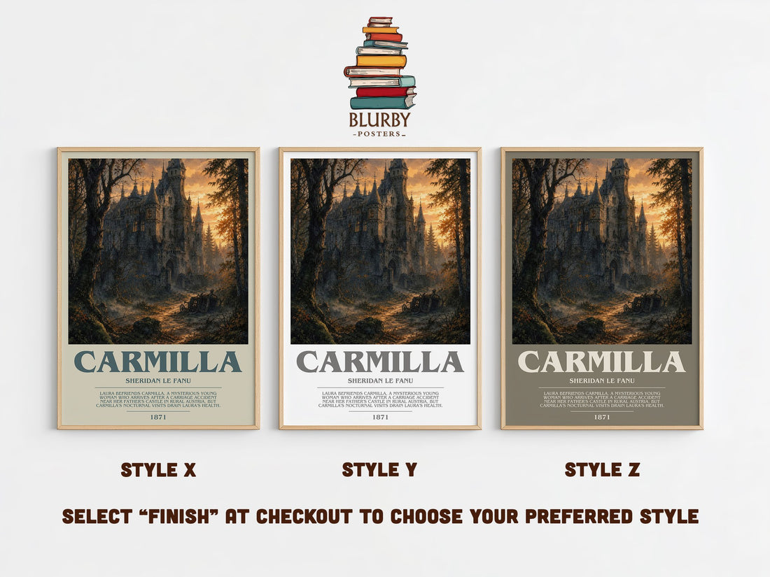 Carmilla bookish print in frame leaning in hallway – gothic wall art (mockup)