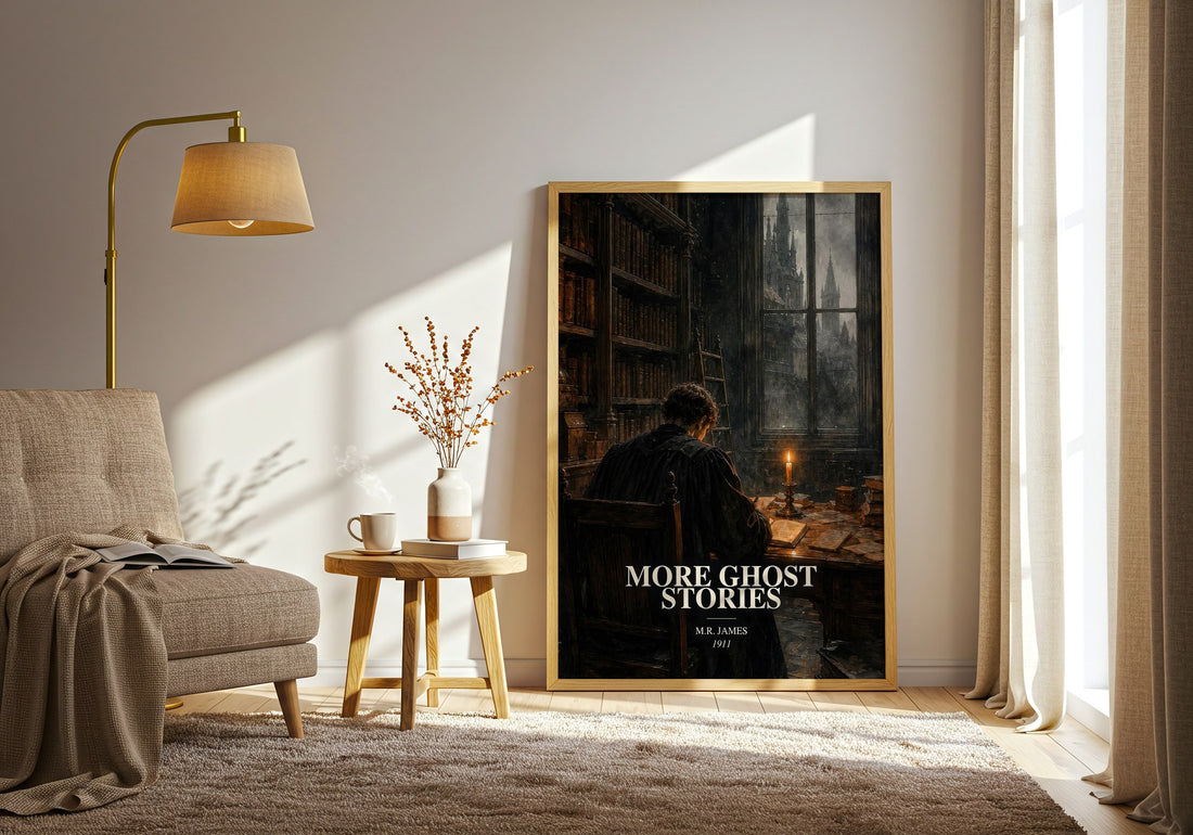 More Ghost Stories watercolour print in frame leaning in hallway – horror wall art (mockup)