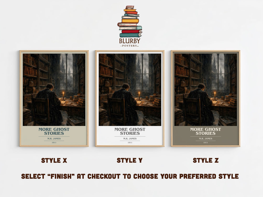 More Ghost Stories book cover print in frame leaning in hallway – horror wall art (mockup)