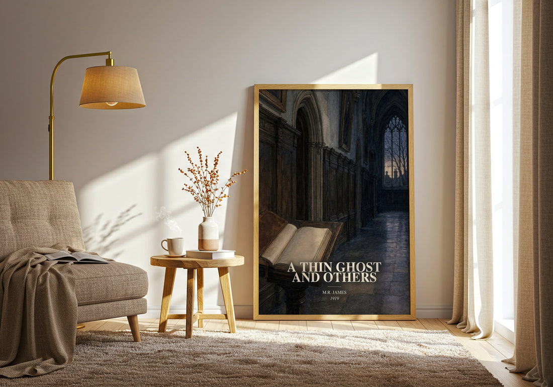 A Thin Ghost and Others watercolour print in frame leaning in hallway – horror wall art (mockup)