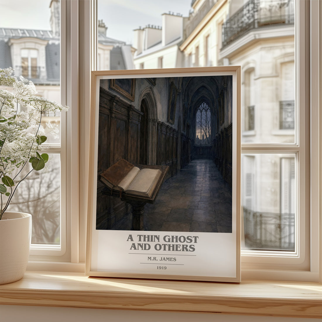 A Thin Ghost and Others Book Cover Poster by M.R. James – framed print by a bright window