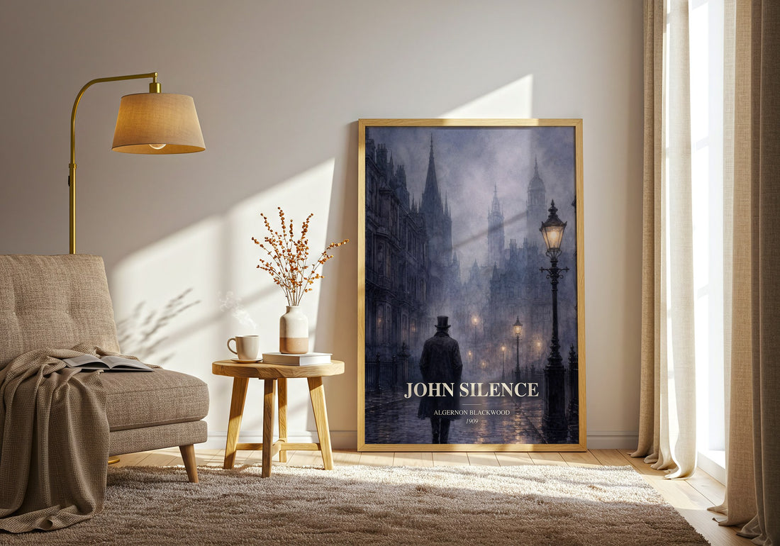 John Silence watercolour print in frame leaning in hallway – horror wall art (mockup)