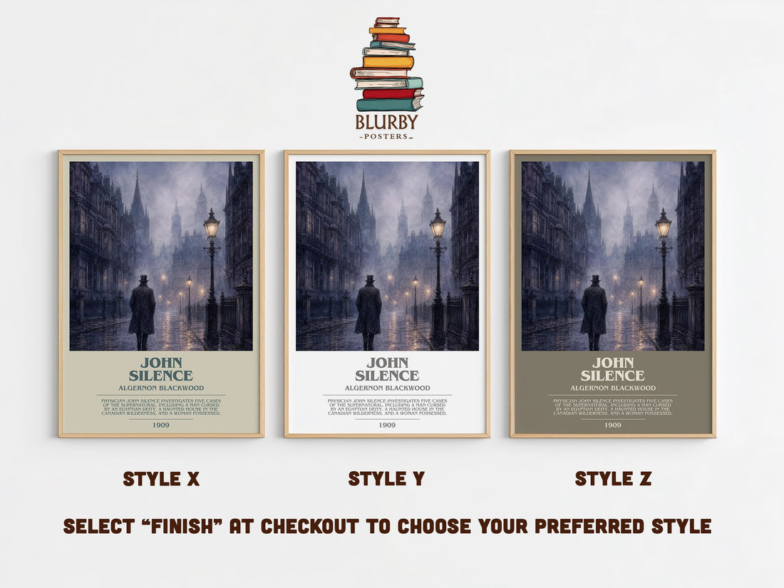 John Silence bookish print in frame leaning in hallway – horror wall art (mockup)