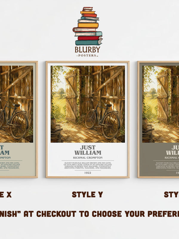Just William bookish print in frame leaning in hallway – childrens wall art