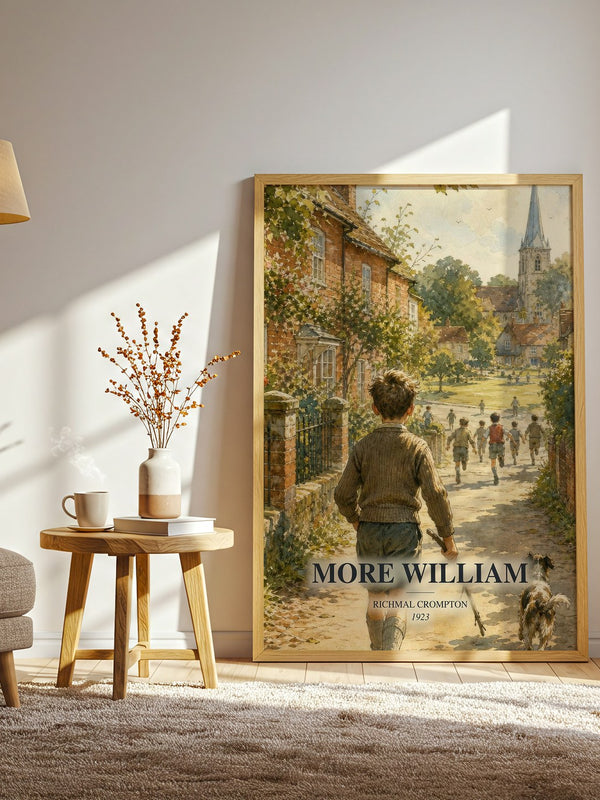 More William watercolour print in frame leaning in hallway – childrens wall art