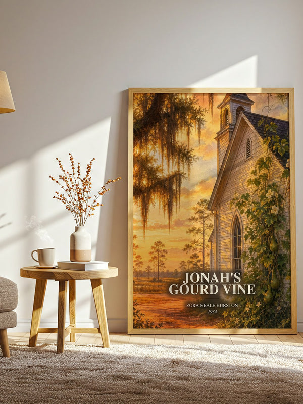 Jonah's Gourd Vine watercolour print in frame leaning in hallway – literary fiction wall art