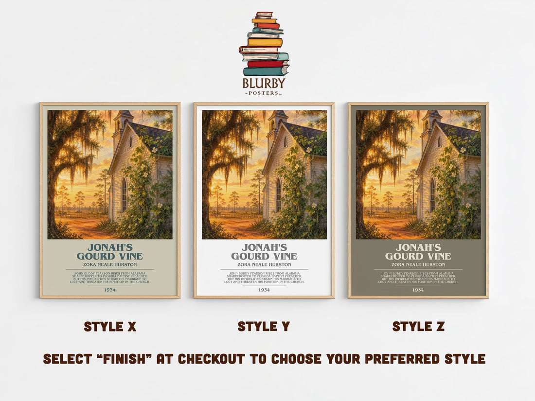 Jonah's Gourd Vine bookish print in frame leaning in hallway – literary fiction wall art (mockup)