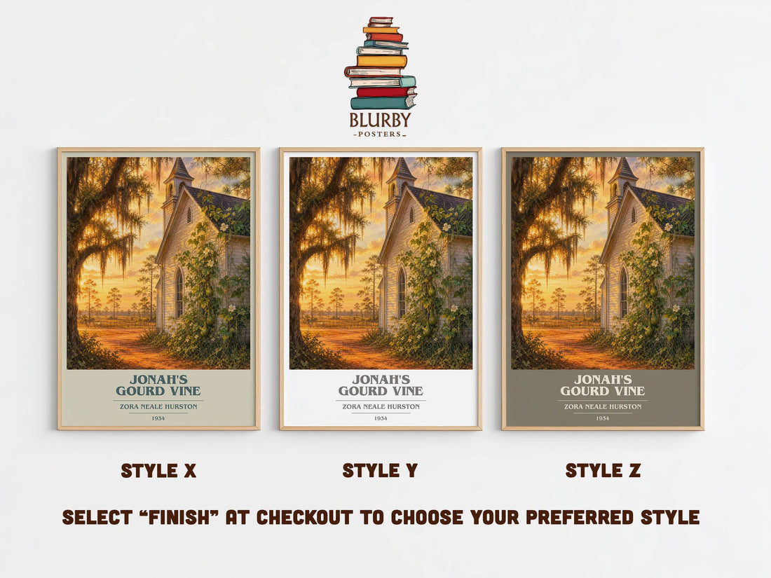 Jonah's Gourd Vine book cover print in frame leaning in hallway – literary fiction wall art (mockup)