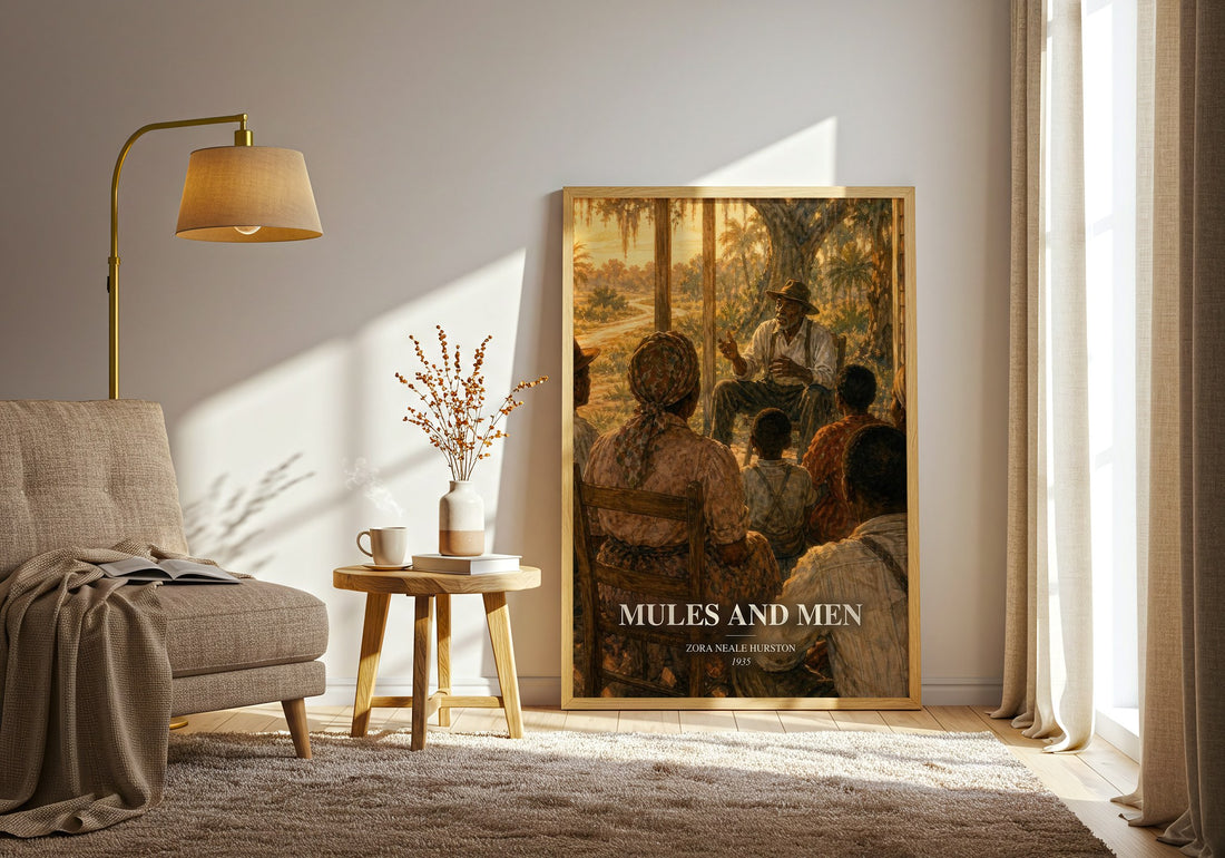 Mules and Men watercolour print in frame leaning in hallway – non fiction wall art (mockup)
