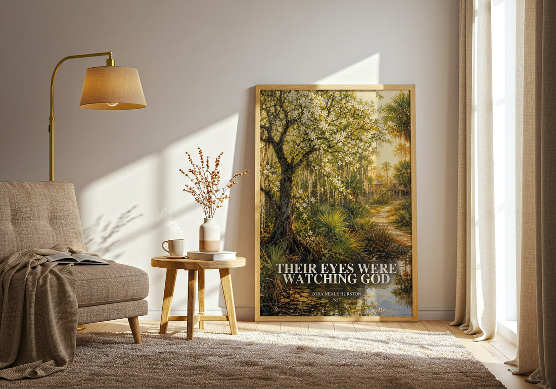 Their Eyes Were Watching God watercolour print in frame leaning in hallway – literary fiction wall art (mockup)